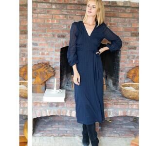 Emerson Fry India Collection Bishop Sleeve Dress In Dot Stripe Maritime Organic